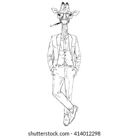 giraffe man dressed up in retro chic style, furry art illustration, fashion animals, hipster animals, retro chic