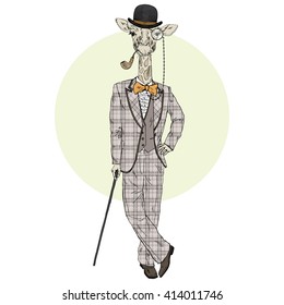 giraffe man dressed up in vintage victorian tweed suit, furry art illustration, fashion animals, hipster animals