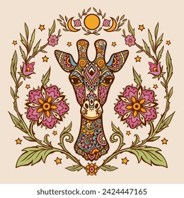 Giraffe mandala retro. Vector illustration. Flower Ethnic drawing. Giraffe animal nature in Zen boho style. Coloring page, hippie, eastern style