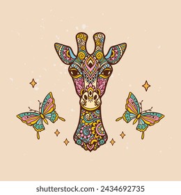 Giraffe mandala retro. Vector illustration. Flower Ethnic drawing. Giraffe animal nature in Zen boho style. With sacred geometry, butterfly