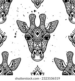 Giraffe mandala. Vector illustration. Adult coloring page. animal in Zen boho style. Sacred, Peaceful. Tattoo print ornaments Indian, Mexican