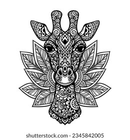 Giraffe mandala. Vector illustration. Adult coloring page. animal in Zen boho style. Sacred, Peaceful. Tattoo print ornaments Indian, Mexican