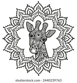 Giraffe mandala. Vector illustration. Adult coloring page. animal in Zen boho style. Sacred, Peaceful. Tattoo print ornaments. black and white