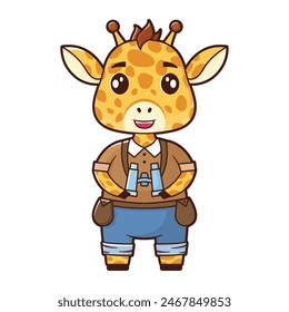 Giraffe mascot logo, A small, cute giraffe with a pair of binoculars around its neck.