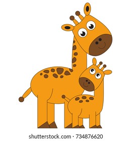 Giraffe Mom and baby cartoon. Outlined illustration with thin line black stroke