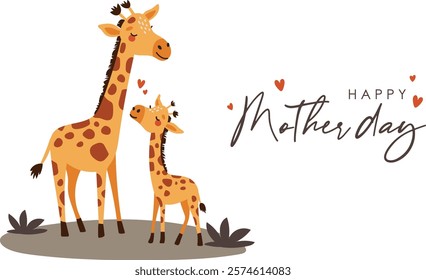 Giraffe mom and baby, cartoon style, mothers day illustration, cute animal