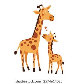 Giraffe mom and baby, cartoon style, mothers day illustration, cute animal