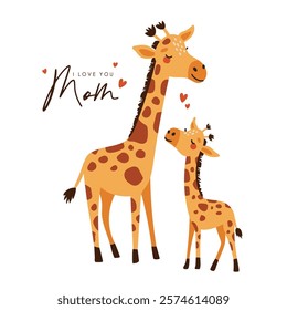 Giraffe mom and baby, cartoon style, mothers day illustration, cute animal