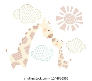 Giraffe mom and baby cute print. Sweet animal family. mother and child fashion child vector. Cool scandinavian illustration for nursery t-shirt, kids apparel, invitation, simple children design