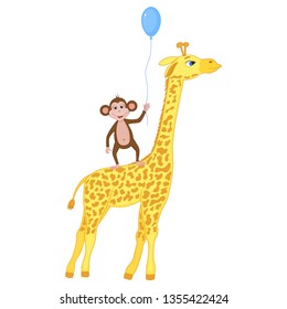 giraffe with a monkey and balloon, vector graphics.