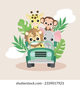 Giraffe, monkey, lion and elephant in the car, african animals safari, vector illustration