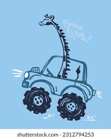 Monstruo de jirafa, camión divertido diseño de impresión de camisetas de verano. Carro de carreras. El deporte de velocidad buggy gran pie auto. Lema. Impulsar la ilustración animal de safari. Afiche de la tipografía infantil Racer. Patrón de vacaciones