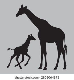 Giraffe Mother and Calf Silhouette Vector Illustration