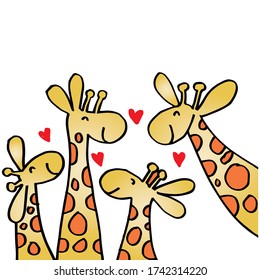 Giraffe mother, father and kids. Cartoon cute giraffe family