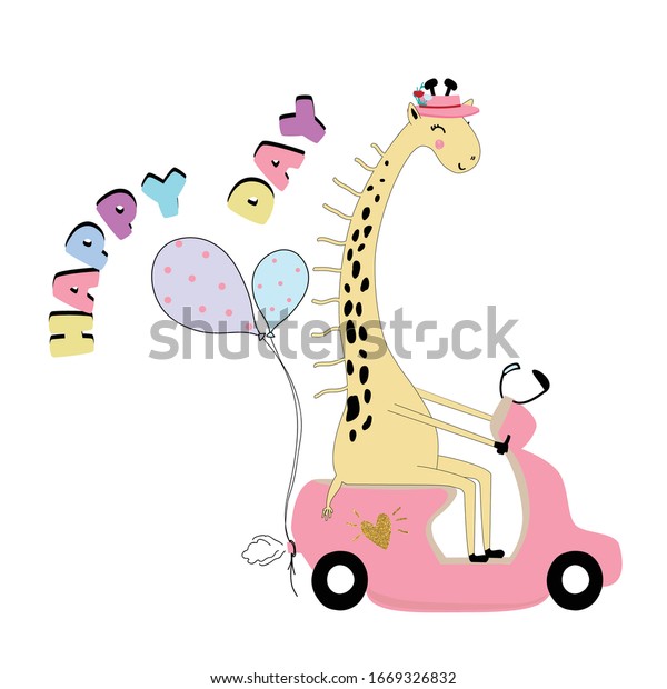 giraffe motorcycles glitter heart\
balloon color text line girl tee illustration art\
vector