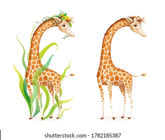 Giraffe in nature realistic 3d cartoon illustration for zoo, safari or kids picture book. Cute graceful giraffe with leaves and flowers, beautiful realistic African animal Vector illustration.