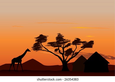 Giraffe Near Small African Village At Sunset