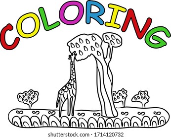 Giraffe near the tree, hand drawing coloring book. Modern doodle contour illustration black