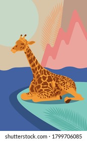A giraffe near the water, surrounded by pink mountains and a yellow sun