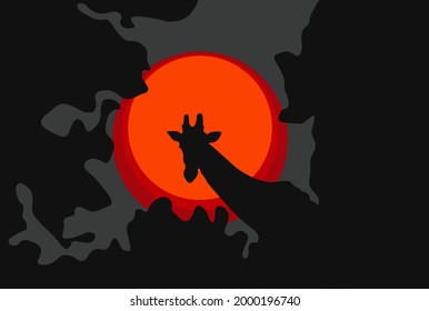giraffe night dark simple vector illustration.Giraffe scenery flat shape design with colorful orange moon.