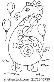 giraffe with number six cute coloring page for kids vector