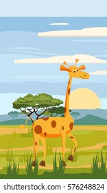 Giraffe on the background of the African landscape, savanna, Cartoon style, vector illustration