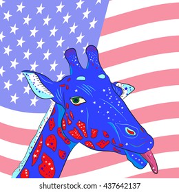 Giraffe on the background of the American flag, Independence Day