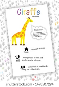 Giraffe on background of animal tracks. Habitat, nutrition, interesting facts. educational flash card for children, kindergarten, home schooling, preschoolers