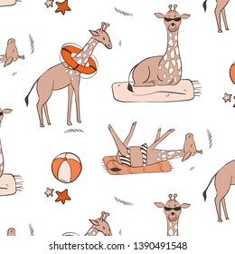 Giraffe on the beach: sunbathing, swimming, relaxing. Vector cute hand-drawn illustration with wild animals. Summer cartoon vacation pattern