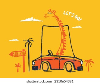 Giraffe on car funny cool summer t-shirt print design. Road trip on cabriolet automobile. Slogan. Drive safari animal illustration. Beach travel kids nursery, typography poste. Adorable pattern