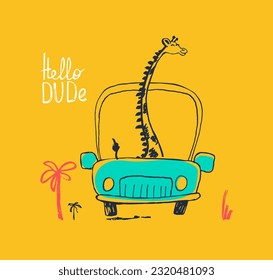 Giraffe on car funny cool summer t-shirt print design. Road trip on automobile. Slogan. Drive vacation safari animal illustration. Beach travel kids typography nursery poster Adorable holiday pattern