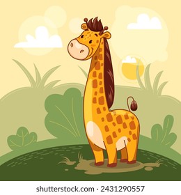 Giraffe on a landscape background, children's illustration, vector graphics