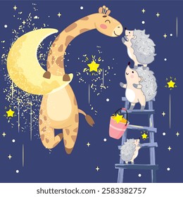 giraffe on the moon, hedgehogs on the stairs, cute hedgehogs in the sky, moon and stars, starry night, sweet dreams, good night, space, night, bright moon, moonlight, cute giraffe, animals