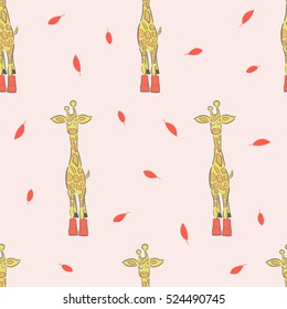Giraffe on a pink background with boots. Autumn background with yellow giraffe design for baby. Seamless vector pattern with giraffes.
