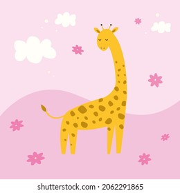 giraffe on a pink background with clouds and flowers