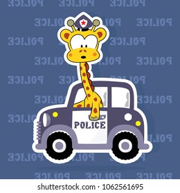 giraffe on police car, vector cartoon illustration