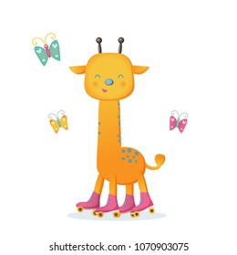 Giraffe on roller skates. Vector stock illustration. Children's drawing in cartoon style. Lovely funny image. It can be used for design of a notebook, cover, book, developing class, journal