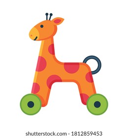 Giraffe on Wheels Baby Toy, Cute Colorful Plastic Plaything for Toddler Kids Flat Vector Illustration