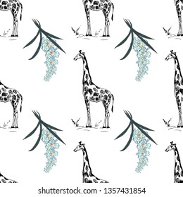 Giraffe and orchids. Seamless pattern. Vector illustration.