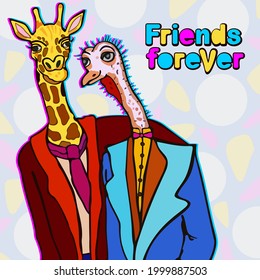 Giraffe and ostrich, friends forever. Vector illustration with lettering. Bright characters and letters on pastel background. Concept of friendship in comic form. Bright bifurcating outline.