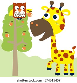 giraffe and owl are friend vector cartoon illustration