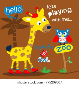 giraffe and owl in the zoo funny cartoon,vector illustration