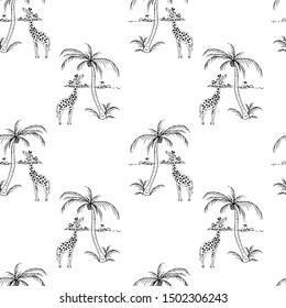 Giraffe and the palm tree. Seamless pattern. Vector illustration.
