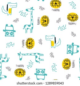 Giraffe, panda, crocodile drawing pattern For kids and babies t-shirt wear pajamas prints textile pattern