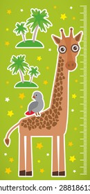 Giraffe parrot bird and palms on green background Children height meter wall sticker. Vector