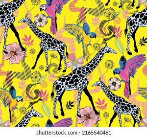 Giraffe and parrot. Seamless abstract pattern. Fashion textiles, fabric, packaging. 