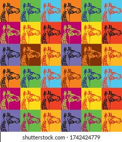 Giraffe pattern. Bright illustration with the style of Andy Warhol. A multi-colored print designed to decorate clothes and items