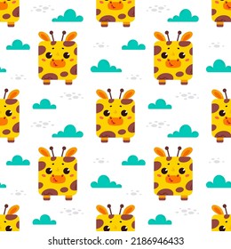 Giraffe. Pattern with cute cartoon animals. Kawaii children's print with pets. Vector illustration for fabric, paper, wallpaper, packaging