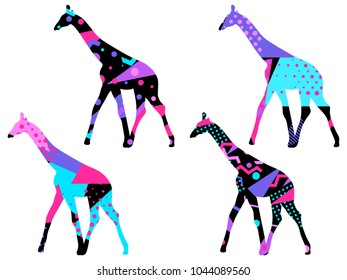Giraffe with a pattern of geometric shapes, memphis style. Vector illustration