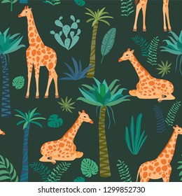 Giraffe pattern with tropical leaves. Vector seamless texture.